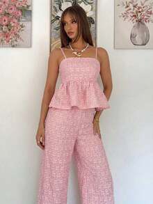Conjunto de 2 piezas de top de tirantes y pantalones de estilo jacquard elegante para mujer, para verano - Rosa - Ver 5