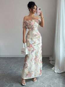 Vestido ceñido de malla con volantes, hombros descubiertos y cintura ceñida con estampado floral, elegante y romántico para mujeres - Multicolor 5 - Ver 1