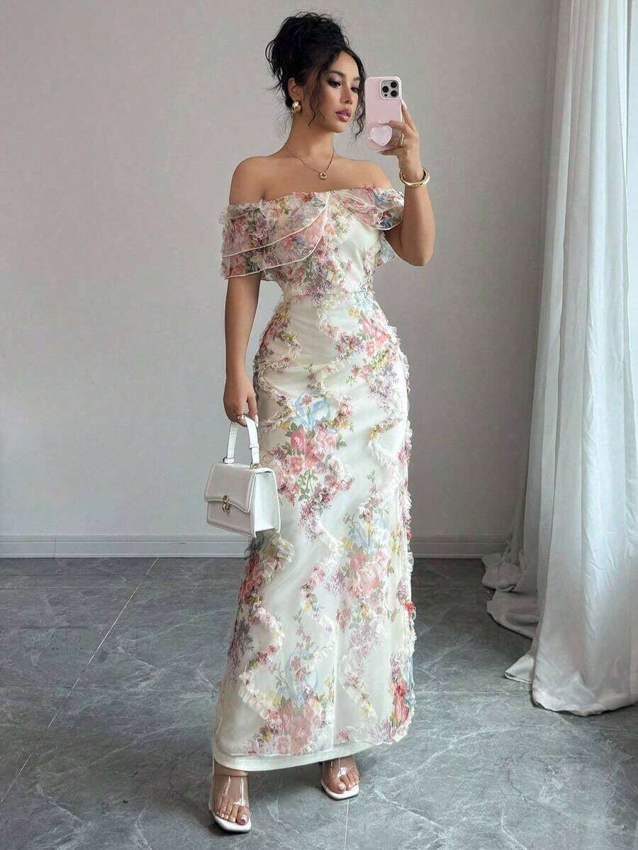Vestido ceñido de malla con volantes, hombros descubiertos y cintura ceñida con estampado floral, elegante y romántico para mujeres - Multicolor 5 - Ver 1