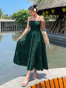 Vestido sin mangas elegante, estilo de alta gama para vacaciones, cruceros de verano, atuendos de mujer bohemios - Verde Oscuro - Ver 4