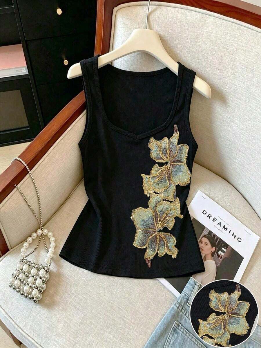 LUNE Camiseta de tirantes casual y versátil de unicolor y cuello redondo para mujer - Negro - Ver 1