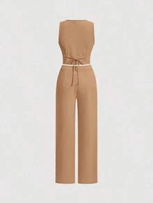 Juego De Dos Piezas Para Mujer Con Chaleco Y Pantalones De Color Sólido - Caqui - Ver 2