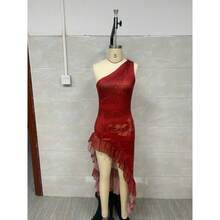 Vestido corto de mujer con estampado retro y asimetría volantes moda vacaciones  verano - Rojo - Ver 2