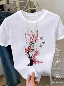 Fashionable Short-Sleeved T-Shirt For Spring And Summer 2026, Made In Mexico, 180 Grams. Cartoon Print, Couple Design, Suitable For Indoor Or Outdoor Wear. Crew Neck, Unisex, For Office And Leisure. One-Piece Pack. Women's Blouses, Women's T-Shirts, Casual Blouses For Ladies - 白色的 - 查看 1
