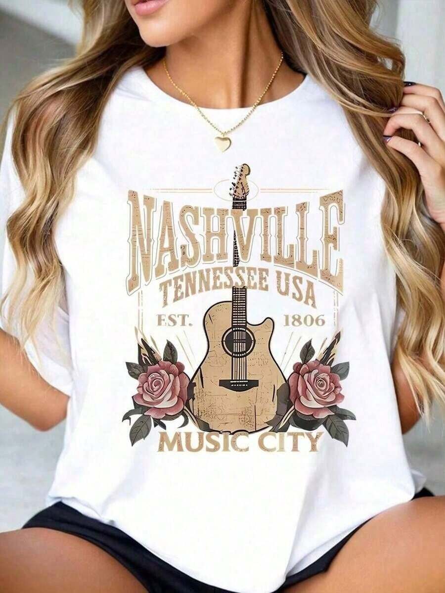 New Basic Short-Sleeved T-Shirt For Women: Round Neck, Loose Fit, Nashville Print, Soft Fabric With A Perfect Drape And Ultra-Versatile Blouses For Women, Women's T-Shirts, Casual Blouses For Ladies - 白色的 - 查看 1