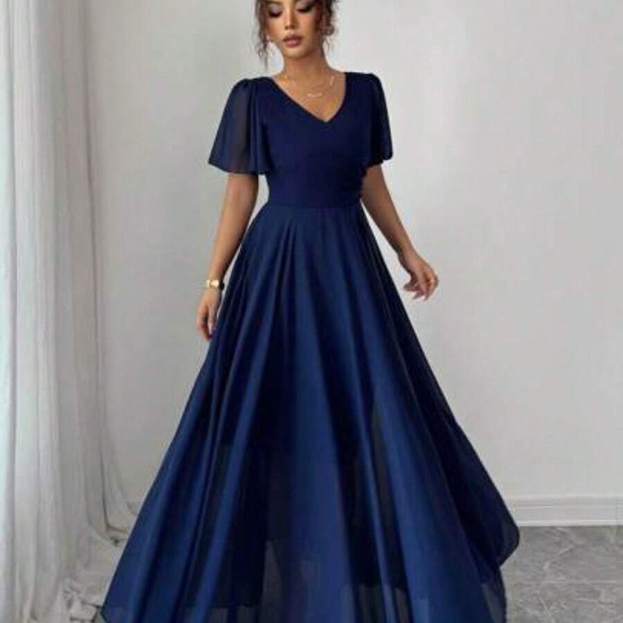 Elenzya Ruffled Sleeve Waist Cinched V-Neck A-Line Minimalist Elegant Romantic Sophisticated Women Dress - Azul Marino - Ver 1