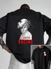 Camiseta de hombre con estampado gráfico rojo "Lewis Racing" - Cuello redondo casual, manga corta, corte regular, esencial para el verano en casa y el ocio diario, camiseta de moda moderna. - Negro - Ver 1