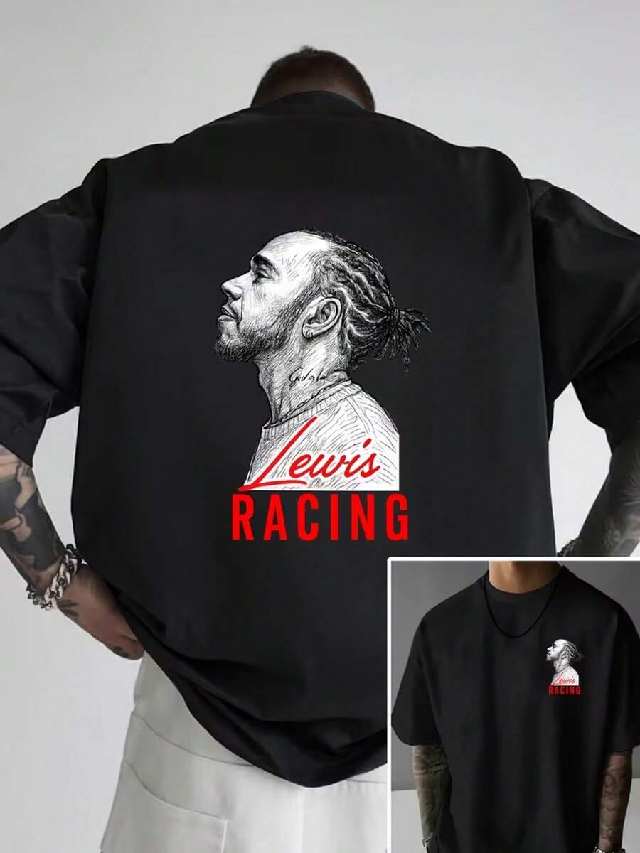 Camiseta de hombre con estampado gráfico rojo "Lewis Racing" - Cuello redondo casual, manga corta, corte regular, esencial para el verano en casa y el ocio diario, camiseta de moda moderna. - Negro - Ver 1