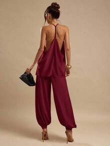 Women's Satin Palazzo Pants, Elegant Loose-Fitting Ginger Yellow Trousers, Suitable For Going Out, Brunch, Summer, Weddings, Honeymoon, Beach Vacation - 波爾多 - 查看 2