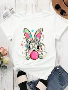 Women's T-Shirt With Bunny Print, Heart Glasses And Bow, Casual Summer Top, Fashion Graphic Tee For Girls - 白色的 - 查看 2