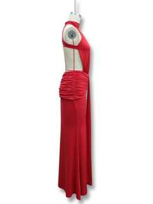 Vestido sirena largo unicolor primavera verano espalda descubierta ajustado para fiesta noche estilo europeo elegante moda nueva para mujer - Rojo - Ver 8