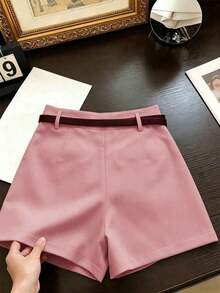 Pantalones cortos minimalistas franceses de moda, tejidos de unicolor, casuales para ir al trabajo, retro, de cintura alta, corte evasé y pernera ancha, para mujeres - Rosa - Ver 2
