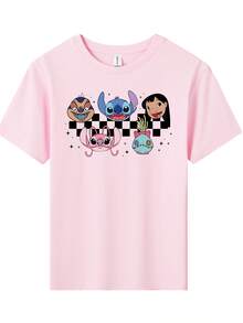Disney Lilo And Stitch Characters Double-Sided Printed Pattern T-Shirts For Girls - Children's Clothing Design Short-Sleeved Casual And Cute Style Comfortable And Casual Wear All Year Round Suitable For Parties And Play Machine Washable Gift Children's Clothing Girls' Short-Sleeved Shirts - 粉色 - 查看 2