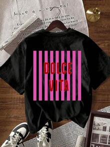 Nuevas llegadas para el verano. Camiseta de manga corta con cuello redondo, estampado de rayas y peces, estilo casual para mujer, blusa de verano, camisa > Hermosa. - Negro - Ver 7