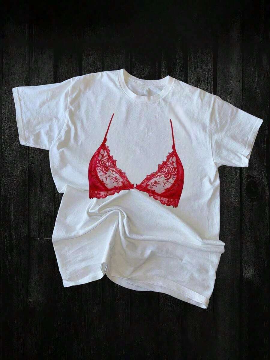 Camiseta con diseño de sostén rojo - Diseño inspirado en lencería juguetona, camiseta cuello redondo de encaje moderno, regalo de estilo para amigas - Negro - Ver 1