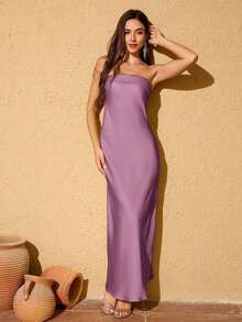 Vestido formal de satén sólido, vestido de cóctel elegante, vestido de fiesta de graduación, vestido de invitada de boda para primavera - Lavanda morada - Ver 1