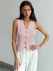Blusa sin mangas de punto de un solo pecho con tirantes anchos, casual de verano, para otoño/invierno, verano, vacaciones, simple para ir al trabajo, con hebilla metálica única para oficina - Rosa - Ver 4