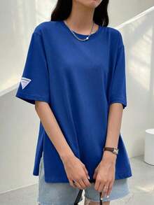 -Less Camiseta de manga corta holgada con parche de letras y bajo con abertura, camiseta de verano oversize, ropa casual de negocios para mujer - Azul - Ver 4