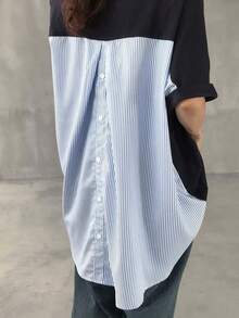 Camiseta minimalista de mujer con bloqueo de color y botones en la espalda, para uso casual diario, ropa de otoño - Azul - Ver 7