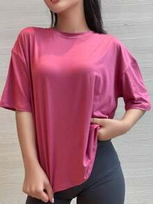 Camiseta de manga corta oversize, negro sólido, ajuste holgado casual para deportes blancos de verano - Morado - Ver 2