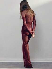 Vestido largo malla transparente manga larga plisado, corte ajustado estilo chic sensual moda - Burdeos - Ver 2