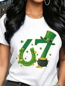 Camisetas estampadas de moda para mujer, tops de estilo urbano de gran tamaño, camisetas de verano cómodas y elegantes que combinan con todo. Camiseta de mujer con estampado de herradura y olla de oro del Día de San Patricio, manga corta informal para celebraciones festivas. - Blanco - Ver 5