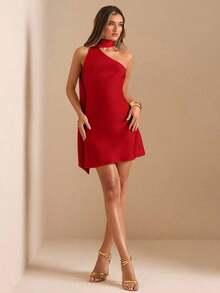 Vestido mini de satén elegante con hombros asimétricos y espalda descubierta en unicolor amarillo crema, vestido mini elegante con estampado, vestido mini sexy con espalda descubierta, vestido mini de satén amarillo con espalda descubierta, vest - Rojo - Ver 4