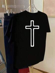 Camiseta de manga corta estampada delante y detrás - Cruz, Cristiana - Camiseta estampada de moda para mujer, ideal para primavera y verano, un artículo de moda, versátil e informal - Negro - Ver 2