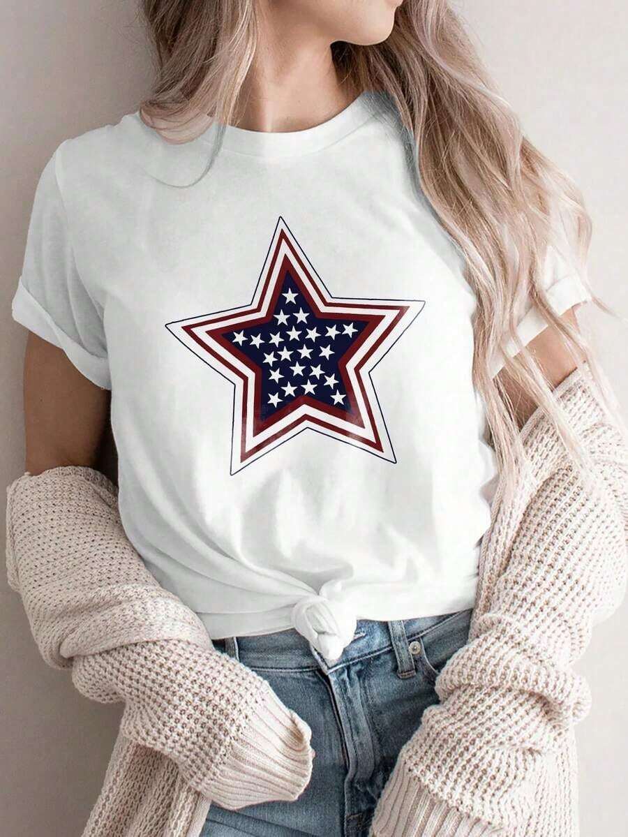 Camiseta retro americana para mujer, 100% algodón, cuello redondo con estampado de estrellas y rayas, muy elástica, ideal para fiestas temáticas y otras ocasiones, lavable a máquina durante todo el año, diseño de estrellas y banderas. - Blanco - Ver 1