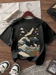 Nueva camiseta de verano de manga corta y cuello redondo, de estilo casual con estampado de olas y grullas japonesas, una blusa versátil y elegante para mujeres - Negro - Ver 4