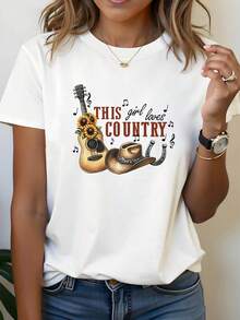 Relaxed, Casual, And Cozy Country Style. THIS Girl Loves The COUNTRYSIDE. Women's Plus-Size Casual T-Shirt With A Guitar, Cowboy Hat, And Sunflower Print, Crew Neck, Perfect For Spring/Summer, Ideal For Everyday Wear, Shopping, And Parties. Basic Cotton Crew Neck T-Shirt For Women. - 白色 - 查看 7