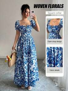 Nuevo Vestido Largo Elegante de Mujer con Mangas de Globo de Estampado Digital, Nudo Delantero, Recorte Trasero en la Cintura, Favorecedory Encantador para Vacaciones y Citas Nocturnas - Azul - Ver 7