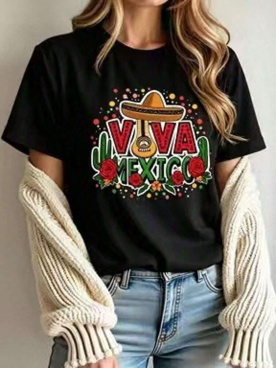 1pcs Women's T-shirt,Camiseta de Mujer con Temática Mexicana|Manga Corta, Cuello Redondo con Estampado de Mariachi Bailarín y Sombrero, Diseño de Cactus y Chile - Tejido Suave Opaco, No Transparente, Ropa Casual para Fiesta Mexicana o Atuendo Casual, Lavable a Máquina, Color Negro,Graphic Tees,Vintage T-Shirts,180g 100%cotton(S-3XL) - Negro - Ver 1