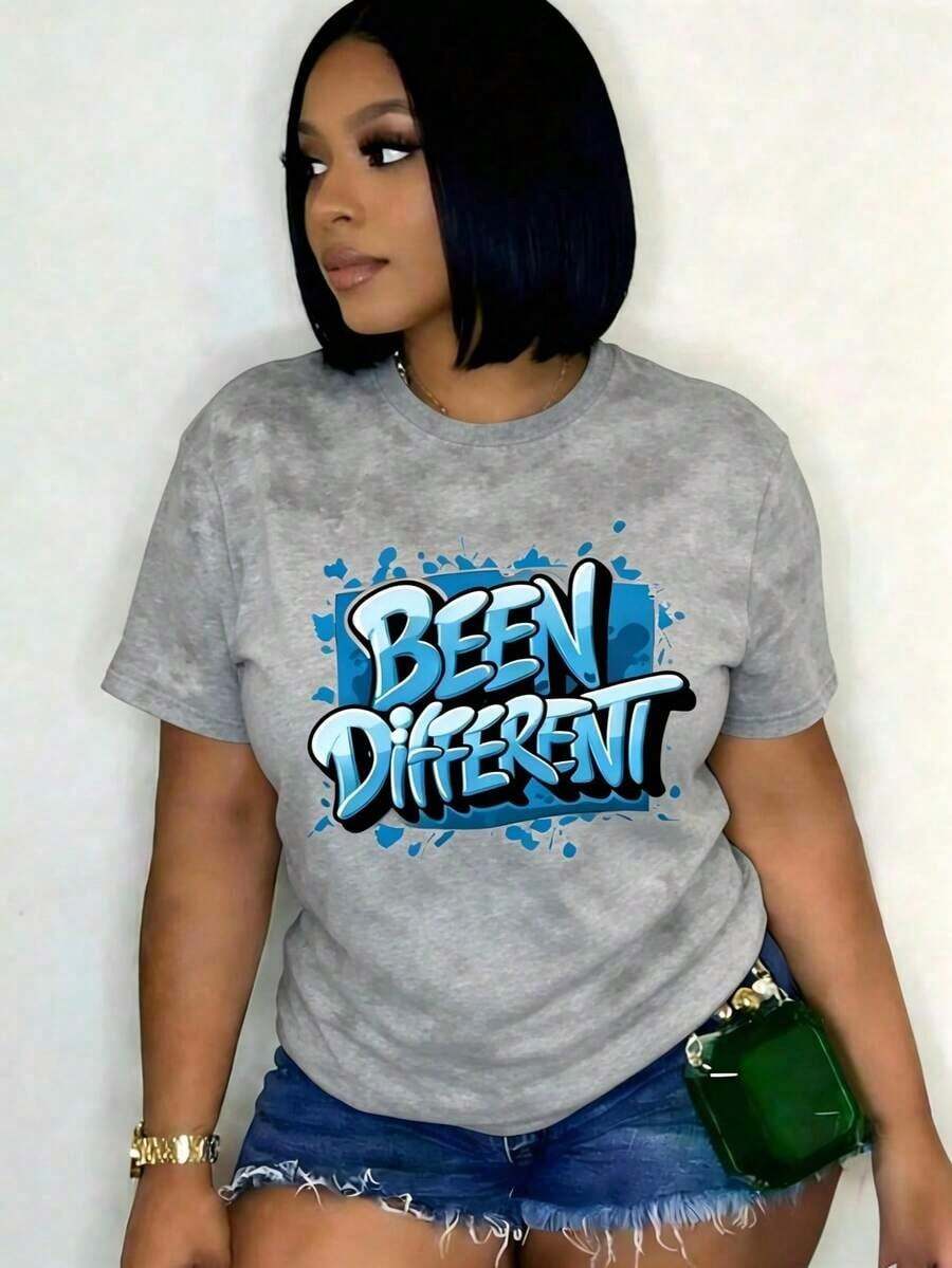 Women's Oversized Graphic Print Short Sleeve T-Shirt, Blue Graffiti Inspired Design, Fashionable Women's Clothing, Retro Y2K Style, Ideal For Campus Lovers, Commuting, Music Festivals, Brunch Dates, Versatile Printed Tee, Versatile Basic Short Sleeve Tee, Versatile Basic Short Sleeve Tee, Versatile Basic Short Sleeve Tee, Versatile Basic Short Sleeve Tee. - 灰色 1 - 查看 1