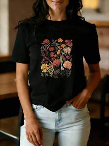 American Style T-Shirt With Black Floral Print, European And American Style, Fitted, Versatile, Short Sleeve, Summer, Pure Cotton, Elegant Top. - 白色 - 查看 2