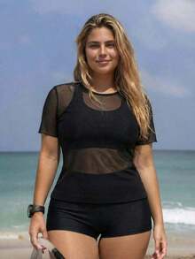 Swim SPRTY Conjunto de 3 piezas para mujer talla grande: Cubre con malla de unicolor, sujetador tipo camiseta y shorts de bikini.Adecuado para la playa, vacaciones, surf y deportes - Negro - Ver 1