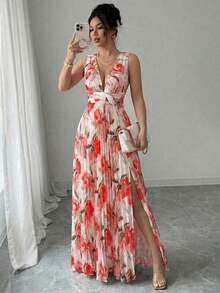 Vestido elegante y romántico para mujer con escote en V sin mangas, cintura hueca, plisado en línea A y estampado floral - Multicolor 4 - Ver 5