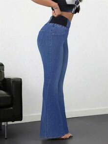 Tall Pantalones vaqueros de mujer casuales, ajustados y elásticos con vuelo, pantalones vaqueros azules ajustados de cintura alta con vuelo para mujeres altas, pantalones vaqueros de verano - Azul lavado medio 3 - Ver 5
