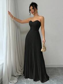 Vestido elegante y romántico con cintura fruncida y bajo en línea A para mujeres - Negro - Ver 5