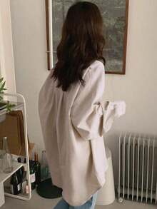 Camisa de mujer de unicolor de manga larga, de un solo pecho, holgada, de negocios y casual, ropa de otoño - Caqui - Ver 2
