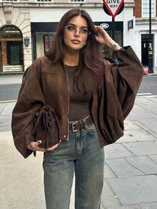 Chaqueta bomber de ante para mujer, abrigo exterior suelto con cuello de solapa, manga larga y cremallera, estilo de moda casual, primavera/otoño - Café integral - Ver 9