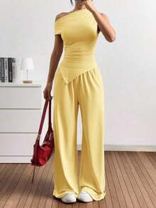 Set de 2 piezas de mujer con top de cuello asimétrico en unicolor y pantalones con bolsillos tejidos - amarillo ganso - Ver 4