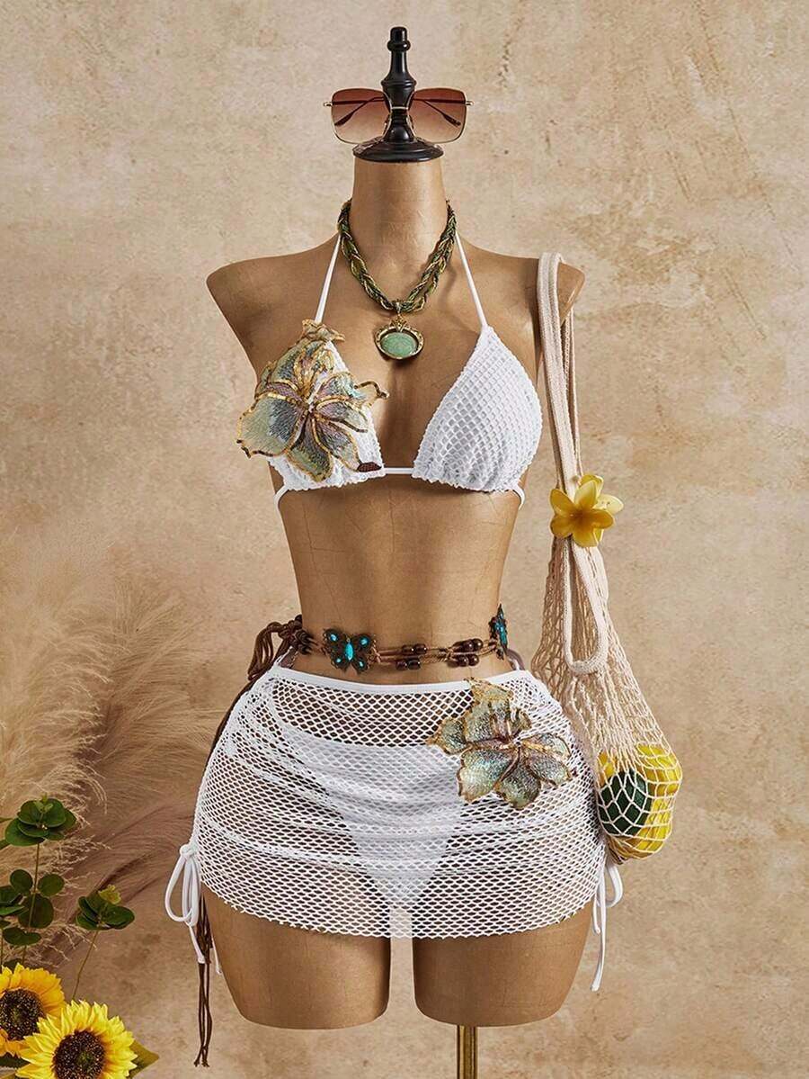 Bellisia Conjunto de bikini de 3 piezas con estampado floral de tela texturizada, traje de baño con falda, conjunto de falda de playa para vacaciones de primavera/verano, conjunto de falda de bikini marrón de 2 piezas para mujer - Blanco - Ver 1
