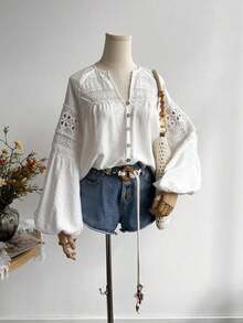 Blusa de encaje azul de manga larga para mujer, adecuada para uso casual, vacaciones, estilo bohemio, festivales de música y otras ocasiones - Blanco - Ver 1