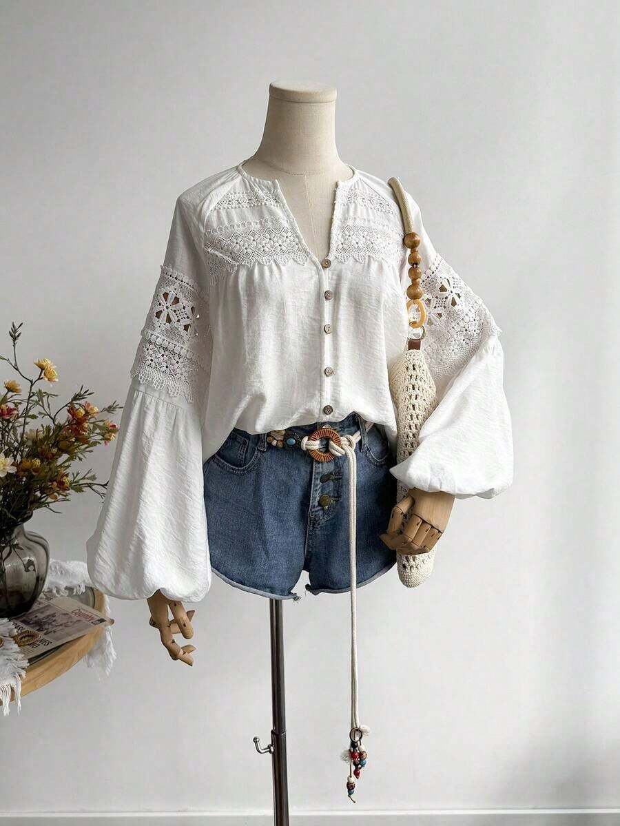 Blusa de encaje azul de manga larga para mujer, adecuada para uso casual, vacaciones, estilo bohemio, festivales de música y otras ocasiones - Blanco - Ver 1