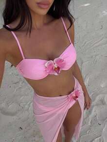 Swim Chiccia Conjunto de 3 piezas para primavera/verano: Top con tirantes ajustables y aros, Bottom de natación de corte alto y falda de malla, conjunto de traje de baño elegante para mujeres para vacaciones en la playa, conjunto de ropa de vacaciones para mujeres, coordinado para vacaciones de mujeres - Rosa - Ver 1