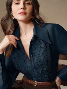 Blusa holgada con apliques de encaje en el cuello, ideal para ir de fiesta o salir - Azul - Ver 4