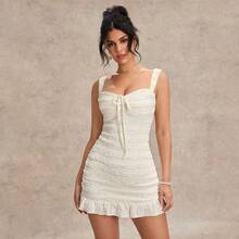 Vestido de tirantes corto para mujer con estampado de ondas y lazo al cuello estilo veraniego elegante y sexy moda  verano - Albaricoque - Ver 11