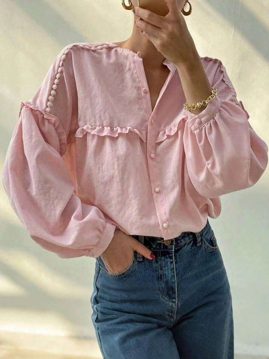 Nueva camisa elegante y con estilo de unicolor con volantes plisados y botones delanteros, diseño elegante para vacaciones, uso diario, té, todas las estaciones, primavera rosa - Rosa - Ver 1