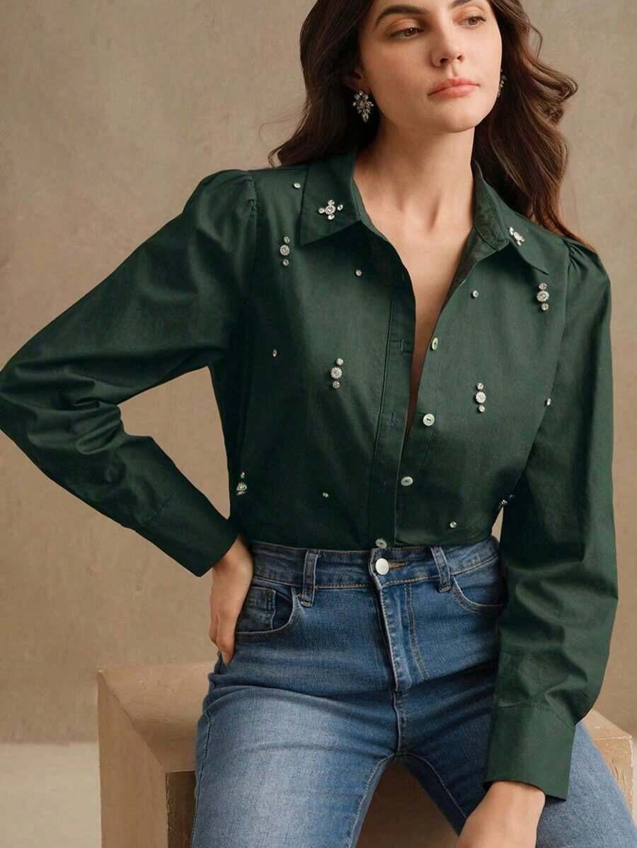 Blusa elegante de mujer con mangas largas y lentejuelas blancas, adecuada para la primavera y el Día de San Valentín - Verde Oscuro - Ver 1